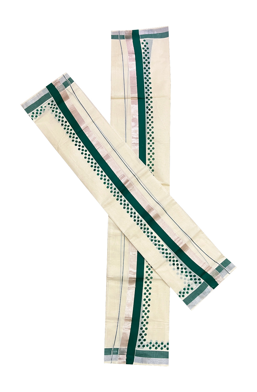 Kerala Cotton Silver Kasavu Set Mundu (Mundum Neriyathum) with Green Polka Prints