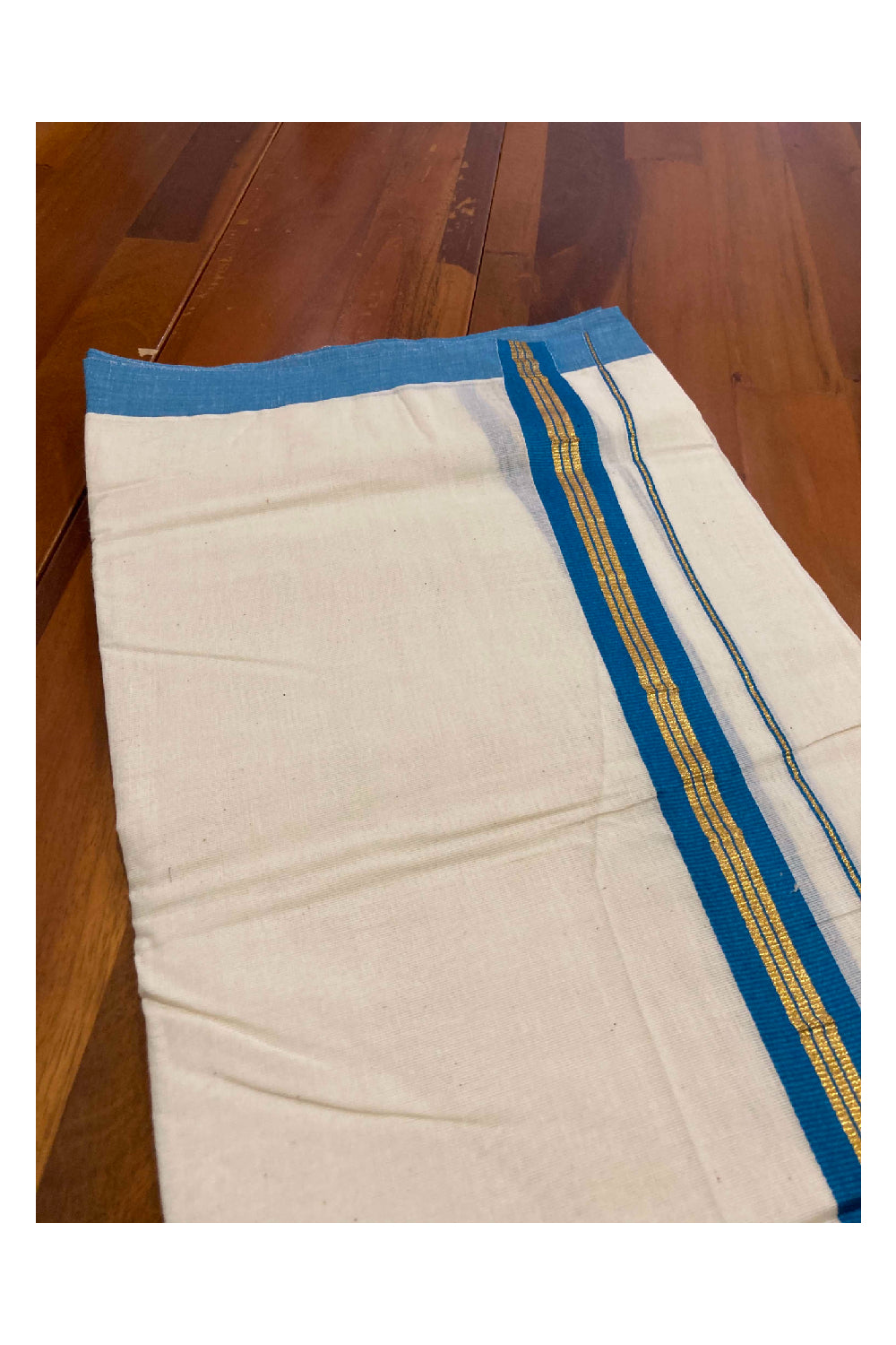 Off White Cotton Mundu with Blue and Kasavu Border (South Indian Dhoti)