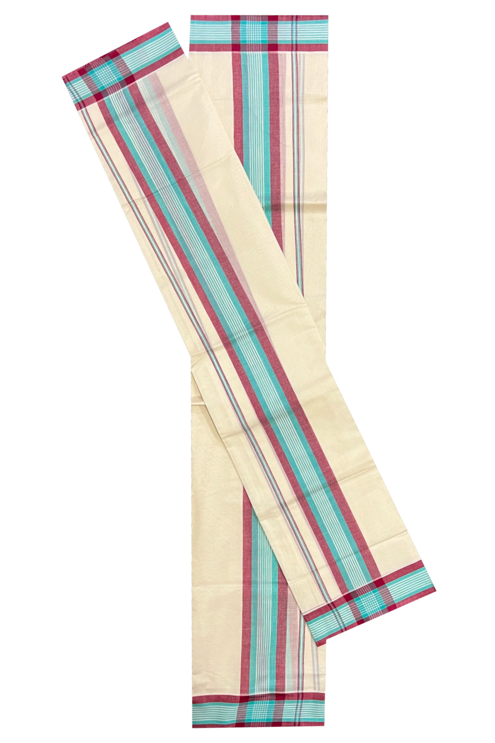 Kerala Cotton Mundum Neriyathum Single (Set Mundu) with Dark Red and Turquoise Mulloth Border (Extra Soft Cotton)