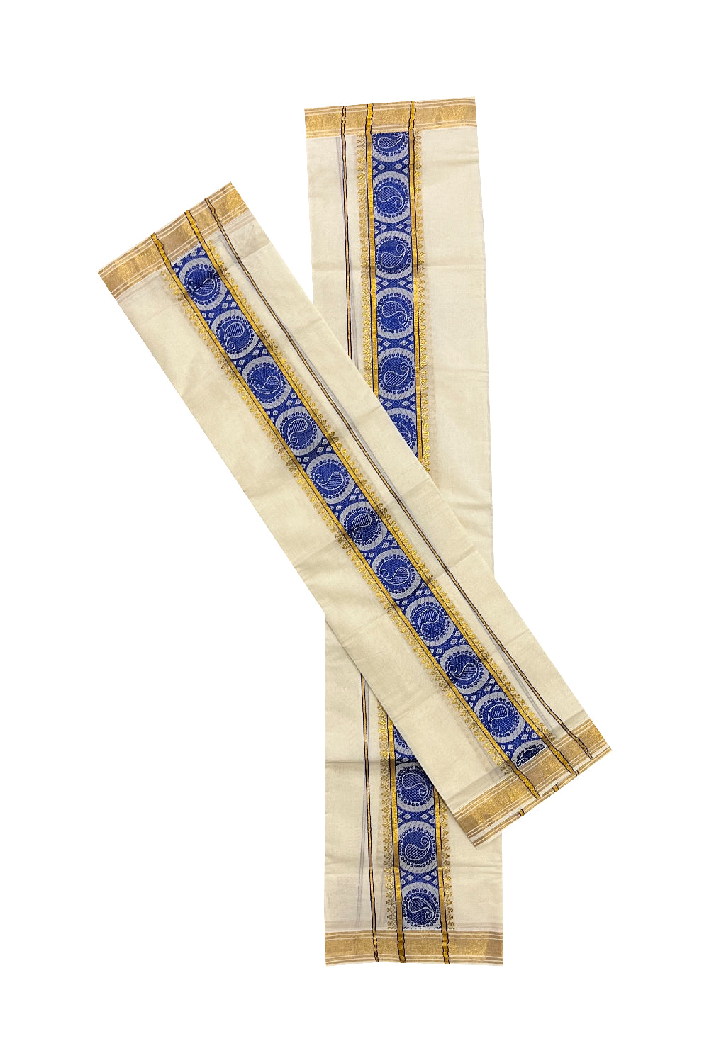 Kerala Cotton Set Mundu (Mundum Neriyathum) with Blue Paisley Woven and Kasavu Border