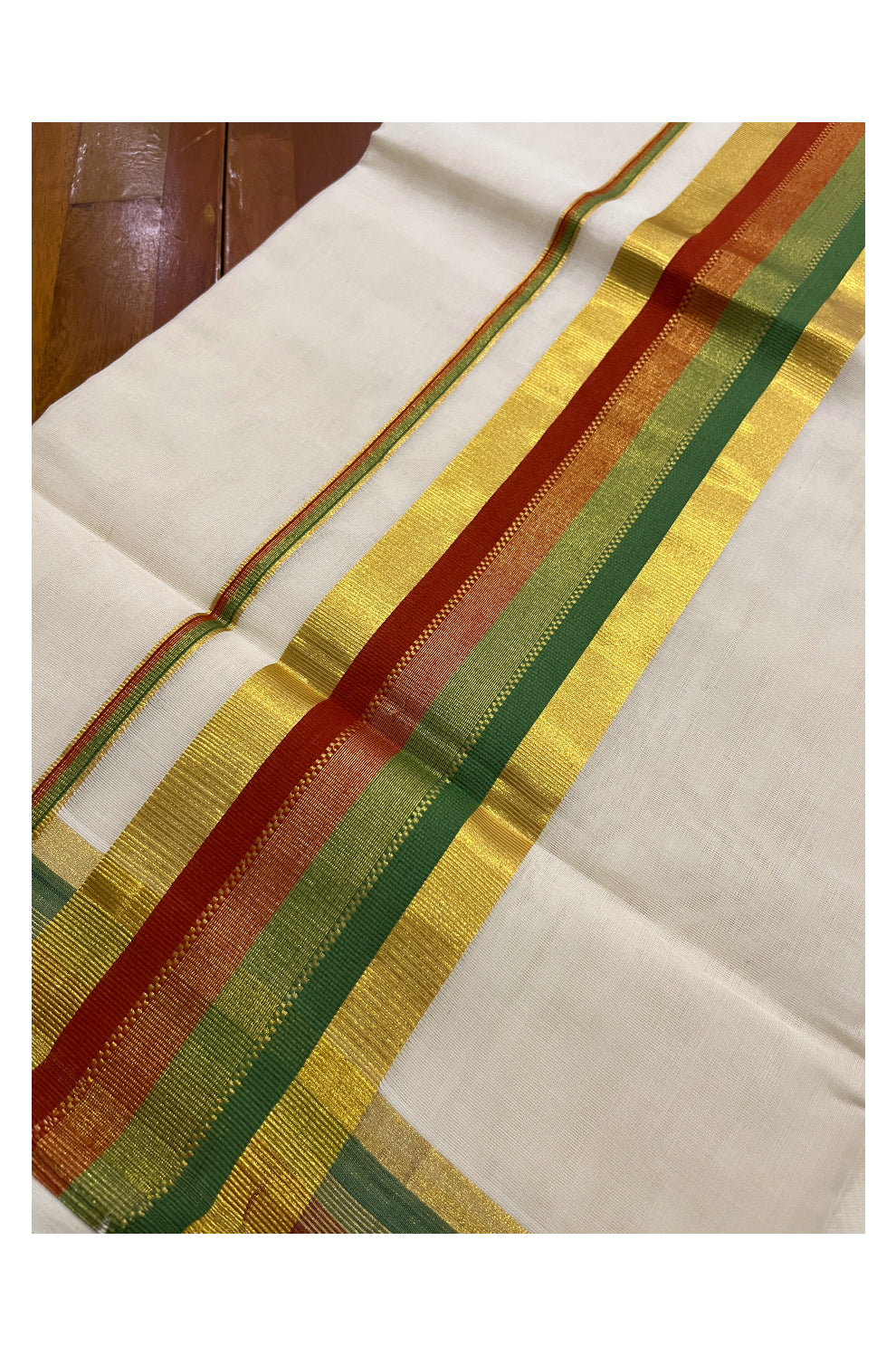 Southloom™ Premium Handloom Cotton Kasavu Saree with Orange and Green Border