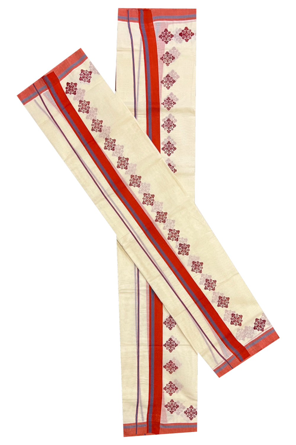 Pure Cotton Set Mundu (Mundum Neriyathum) with Dark Orange Floral Block Prints and Blue Lines on Border