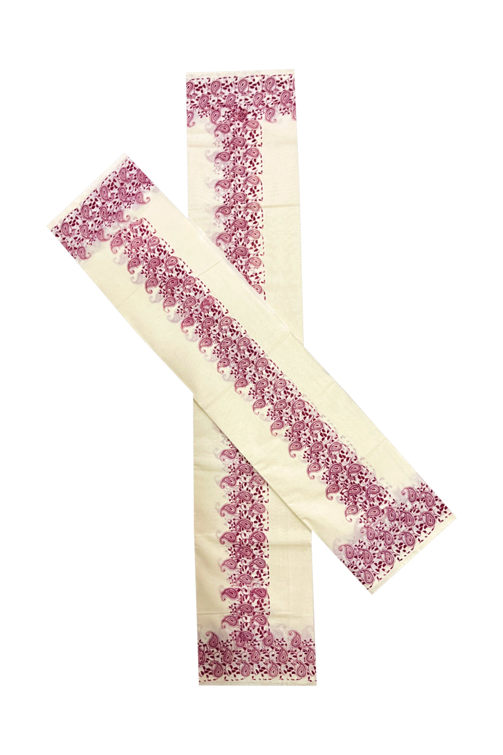 Kerala Cotton Set Mundu (Mundum Neriyathum) with Maroon Paisley Block Printed Border