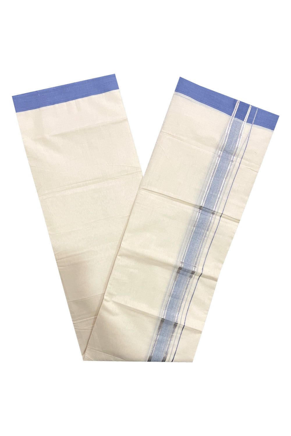 Pure Cotton Off White Double Mundu with Blue and Silver Kara (South Indian Dhoti)