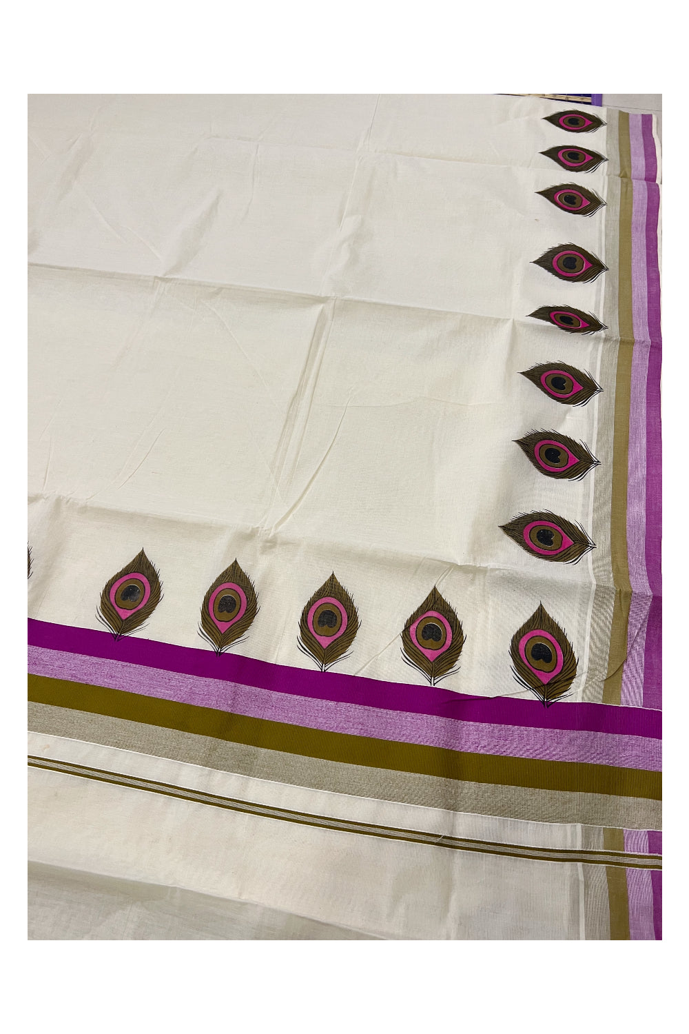 Pure Cotton Magenta and Olive Green Border Kerala Saree with Feather Block Printed Design