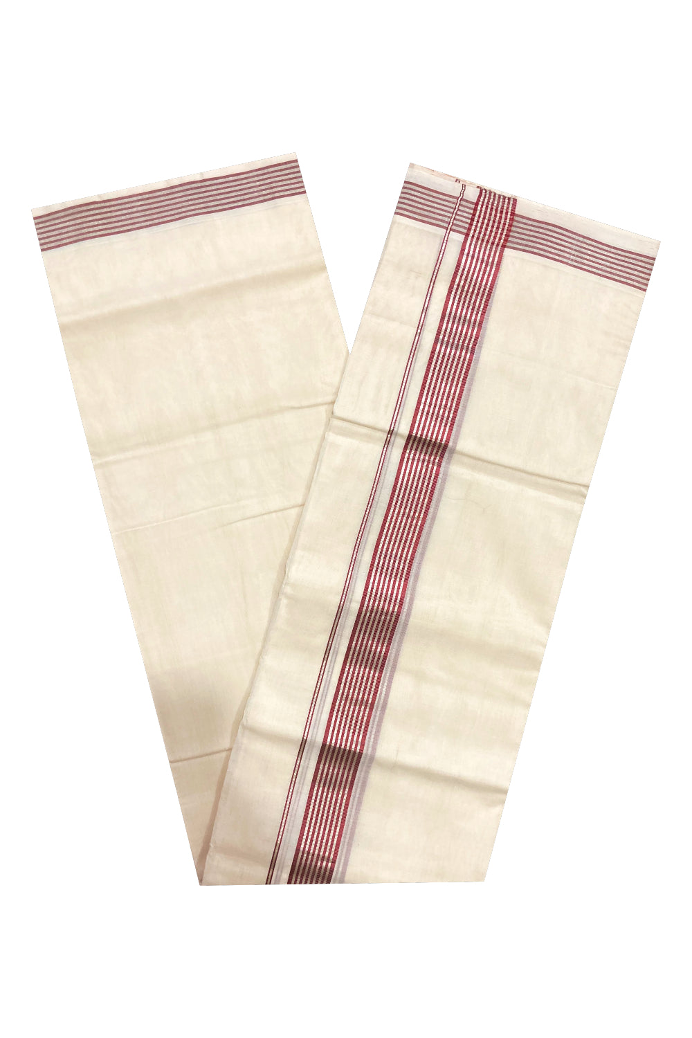 Southloom Premium Handloom Cotton Off White Mundu with Silver and Maroon Kasavu Border (South Indian Dhoti)