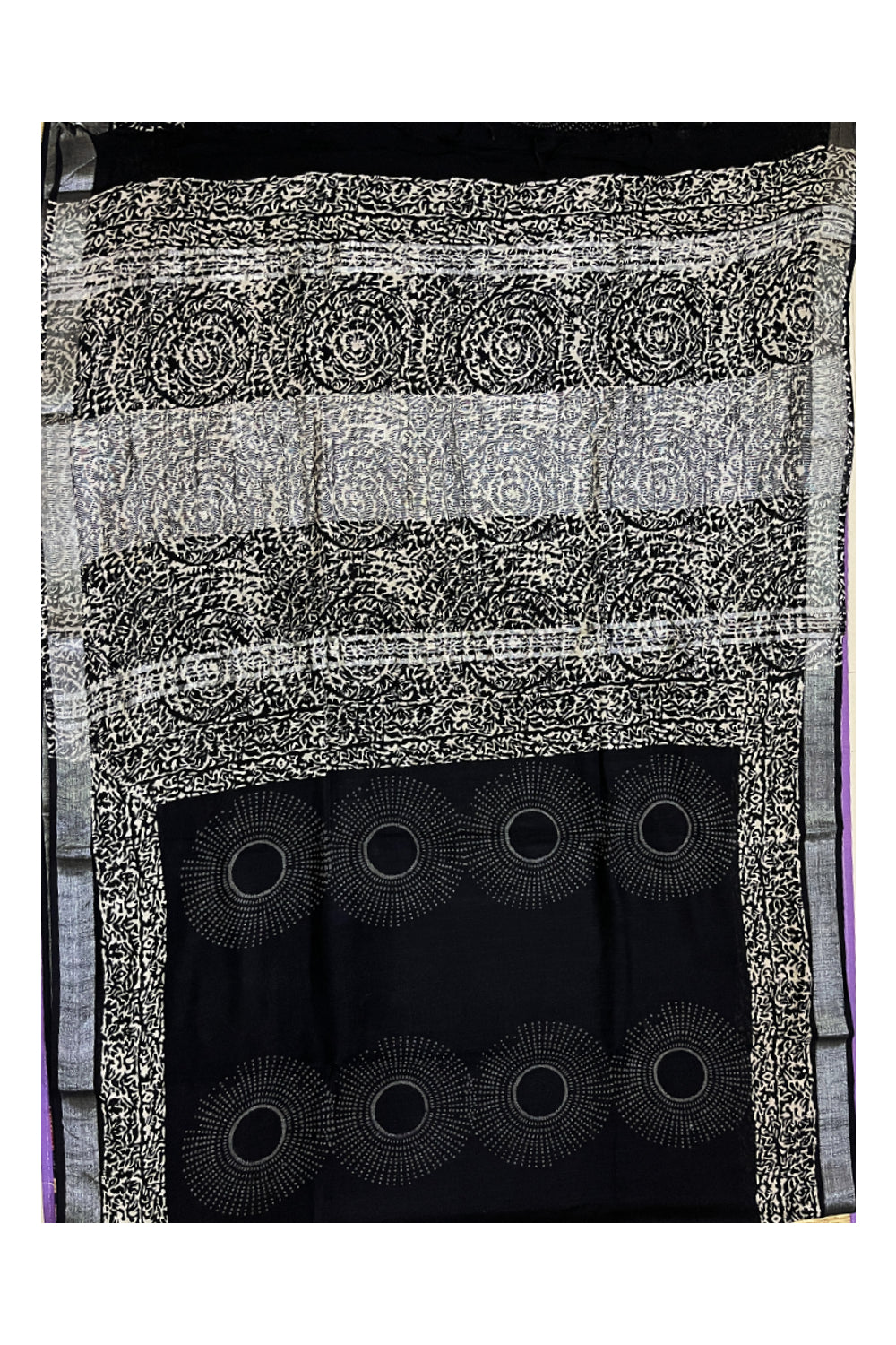 Southloom Linen Designer Black Saree with White Fabric Prints on Body and Tassels Works