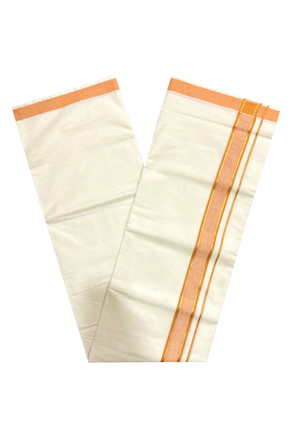 Off White Pure Cotton Double Mundu with Kasavu and Orange Border (South Indian Dhoti)