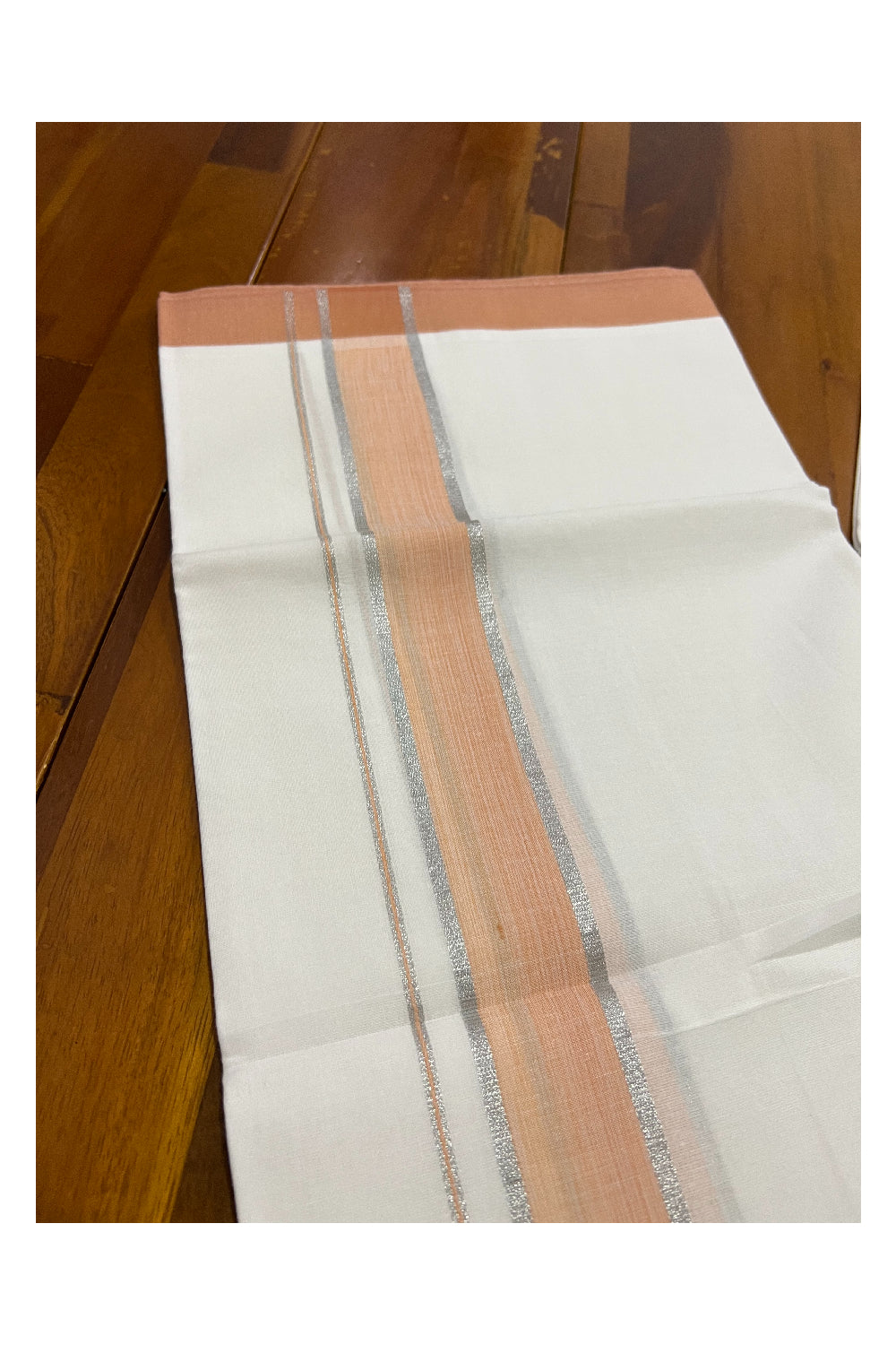 Pure White Kerala Cotton Double Mundu with Silver Kasavu and Orange Border (South Indian Dhoti)