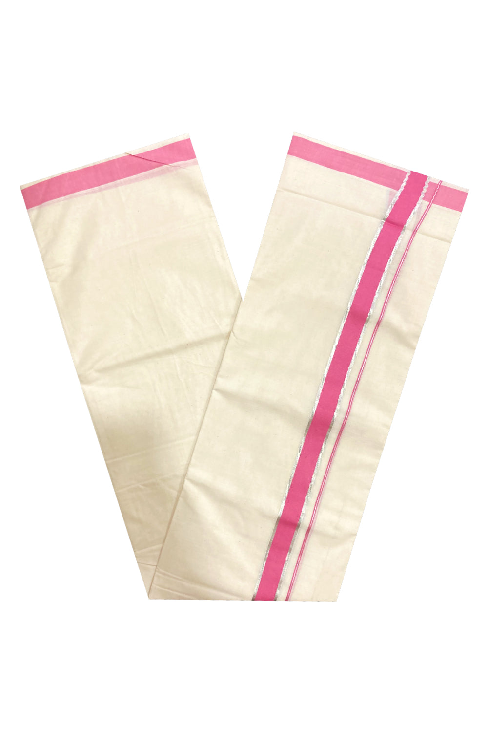 Pure Cotton Double Mundu with Pink and Silver Kasavu Border (South Indian Dhoti)