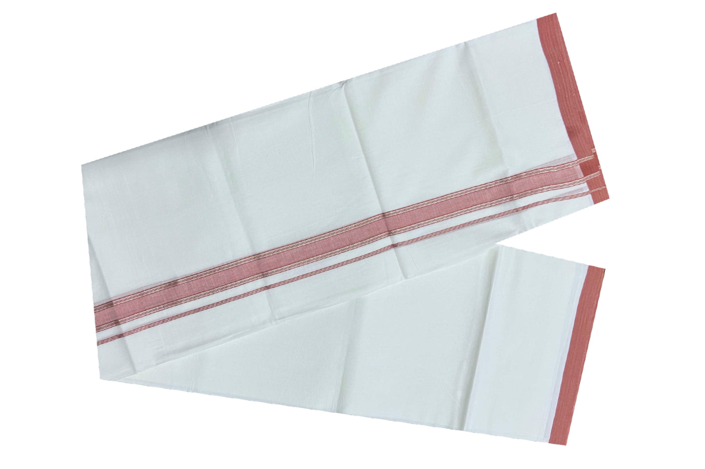 Pure White Cotton Mundu with Brick Red and Silver Kara (South Indian Dhoti)