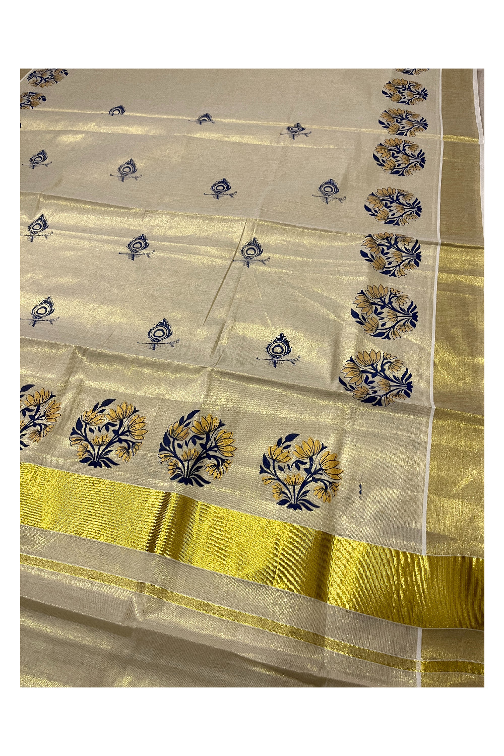 Kerala Tissue Kasavu Blue Golden Block Printed Design Saree