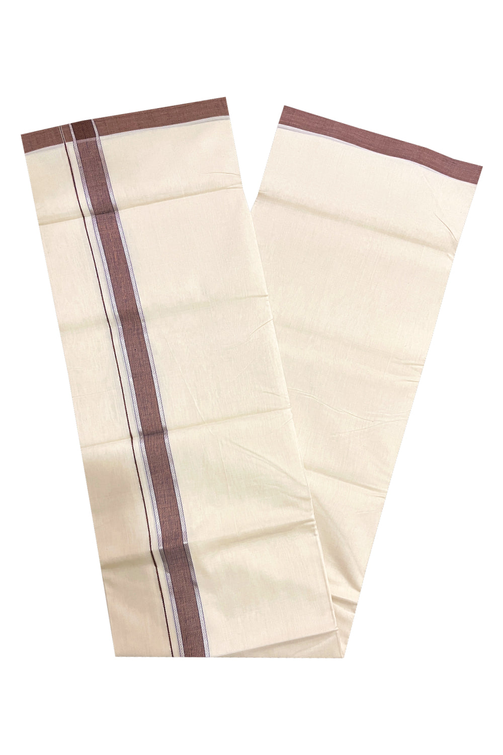 Southloom Premium Unakkupaavu Handloom Mundu with Silver Kasavu and Brown Border (South Indian Dhoti)