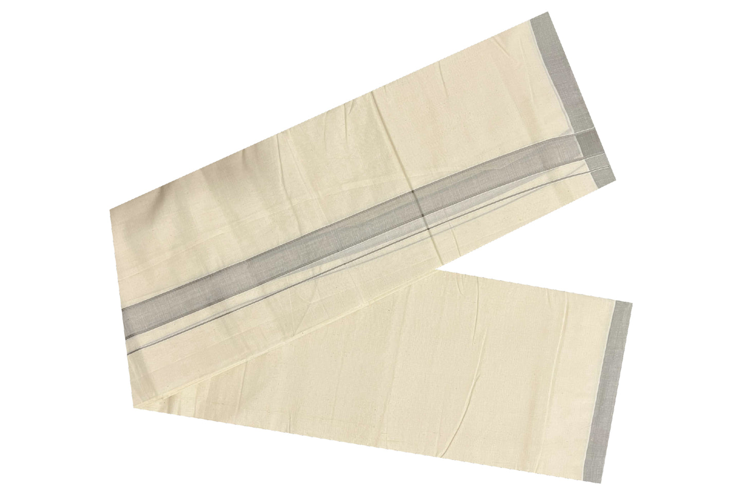 Off White Pure Cotton Double Mundu with Creamy Grey Kara (South Indian Dhoti)