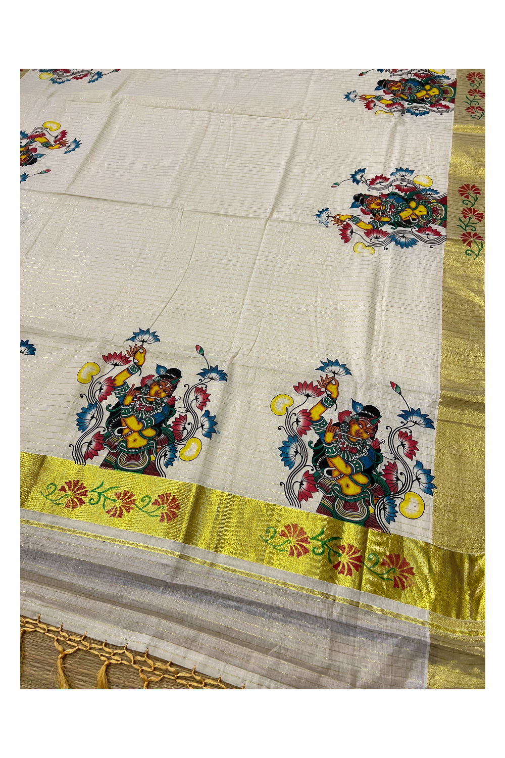 Pure Cotton Kerala Kasavu Lines Saree with Devi Mural Prints and Tassels Work