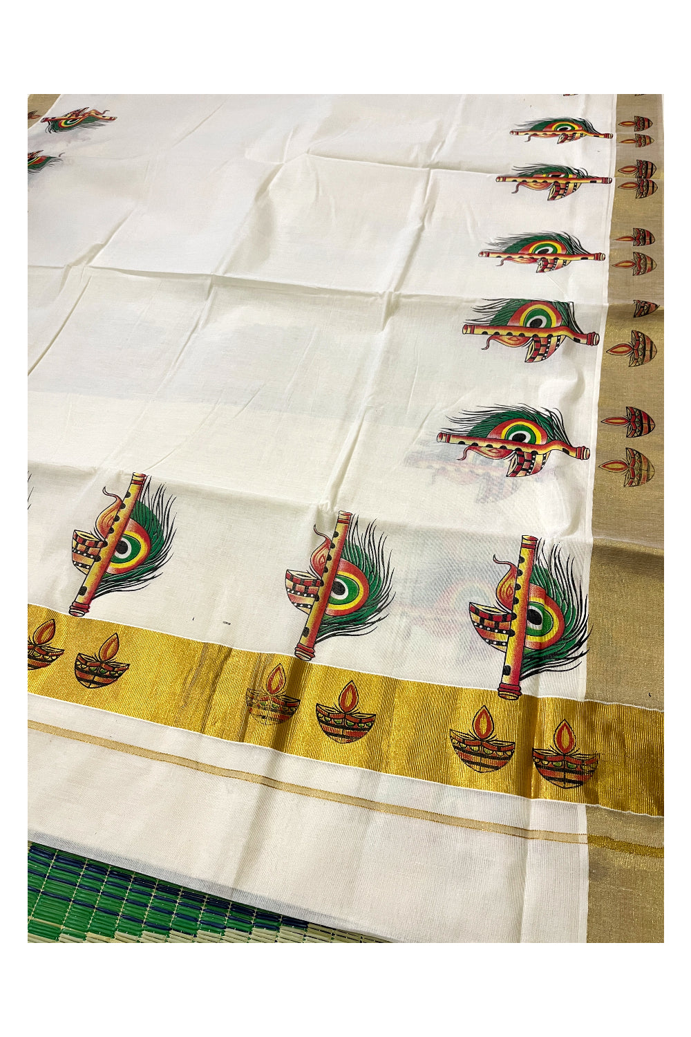 Kerala Pure Cotton Kasavu Saree with Mural Printed Feather and Flute Design