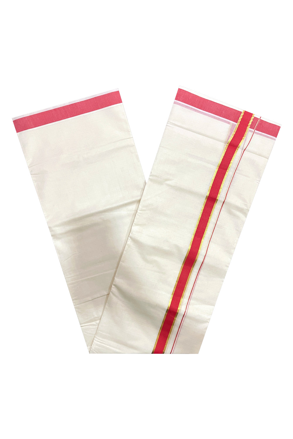 Pure Cotton Double Mundu with Kasavu Red Kara (South Indian Kerala Dhoti)