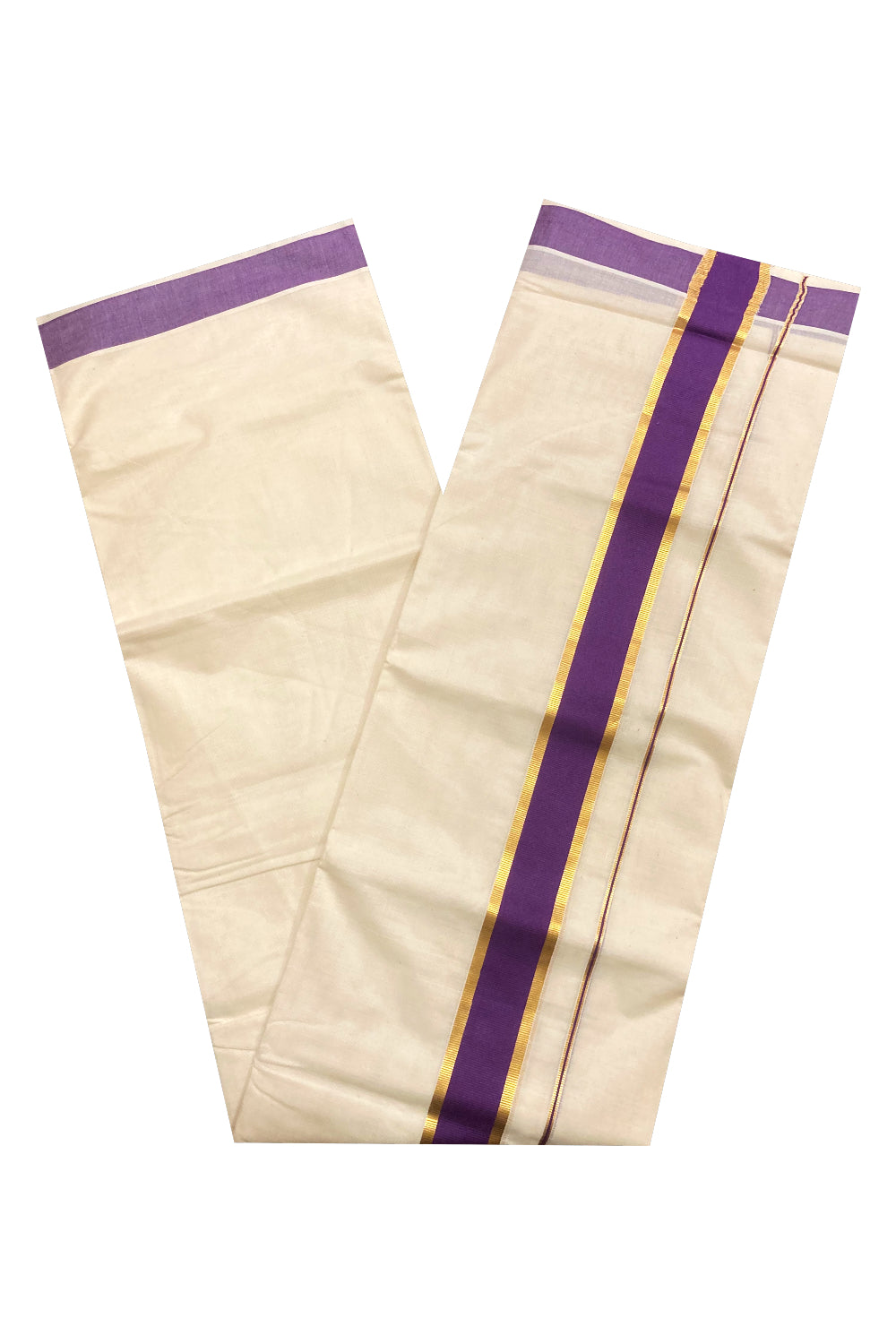 Off White Pure Cotton Double Mundu with Kasavu and Purple Border (South Indian Dhoti)