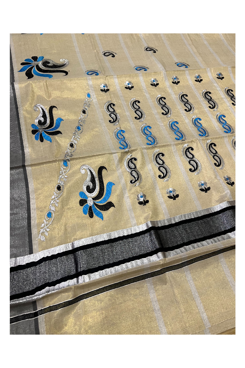 Kerala Silver Tissue Kasavu Saree with Black Blue Thread works