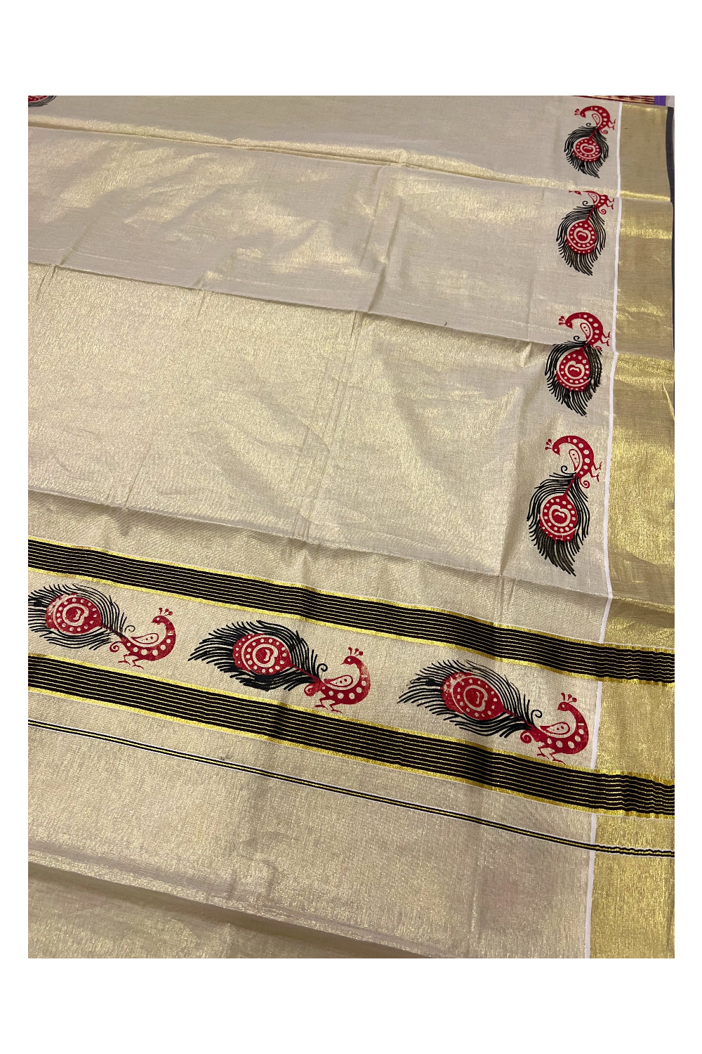 Kerala Tissue Saree with Red and Black Peacock Block Printed Design on Dark Brown and Kasavu Border