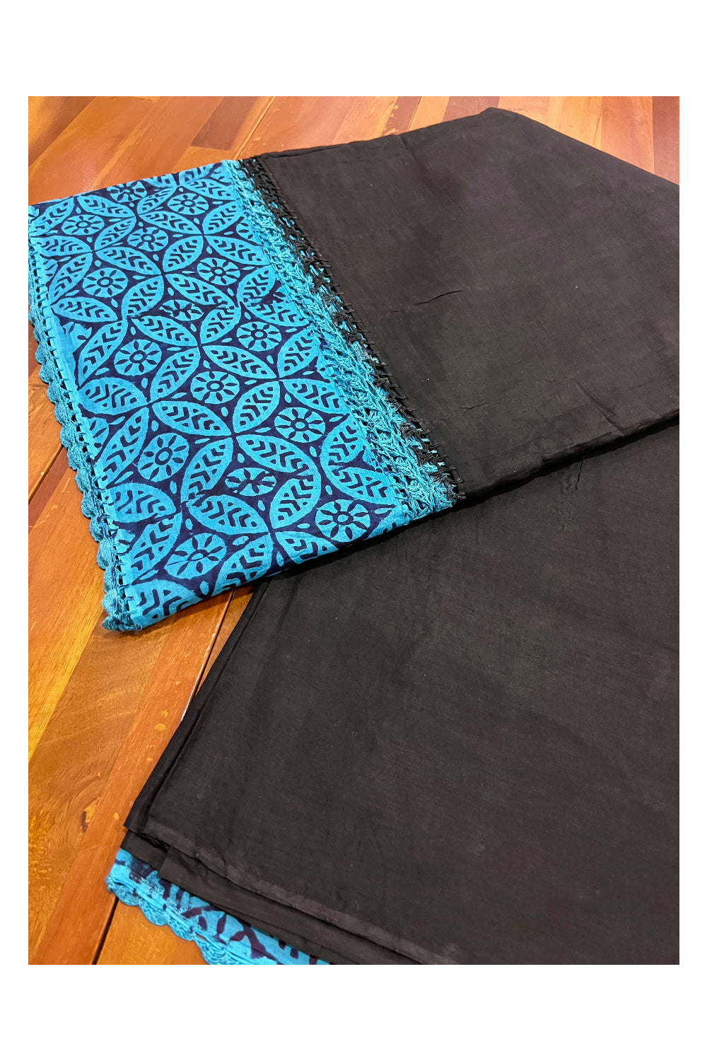 Southloom Pure Cotton Black Saree with Designer Blue Crochet works on Border