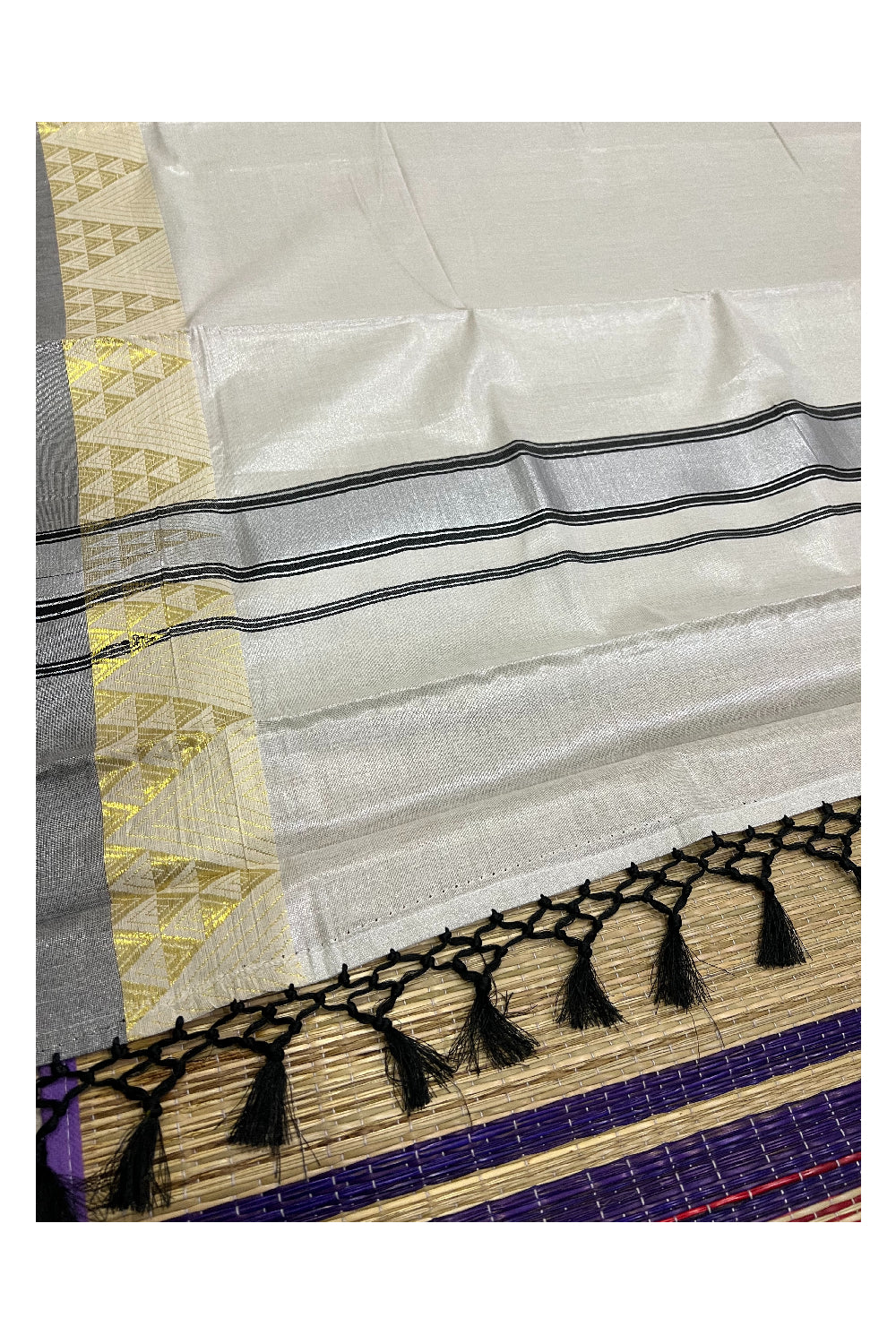 Kerala Silver Tissue Plain Saree with Black and Golden Designer Border