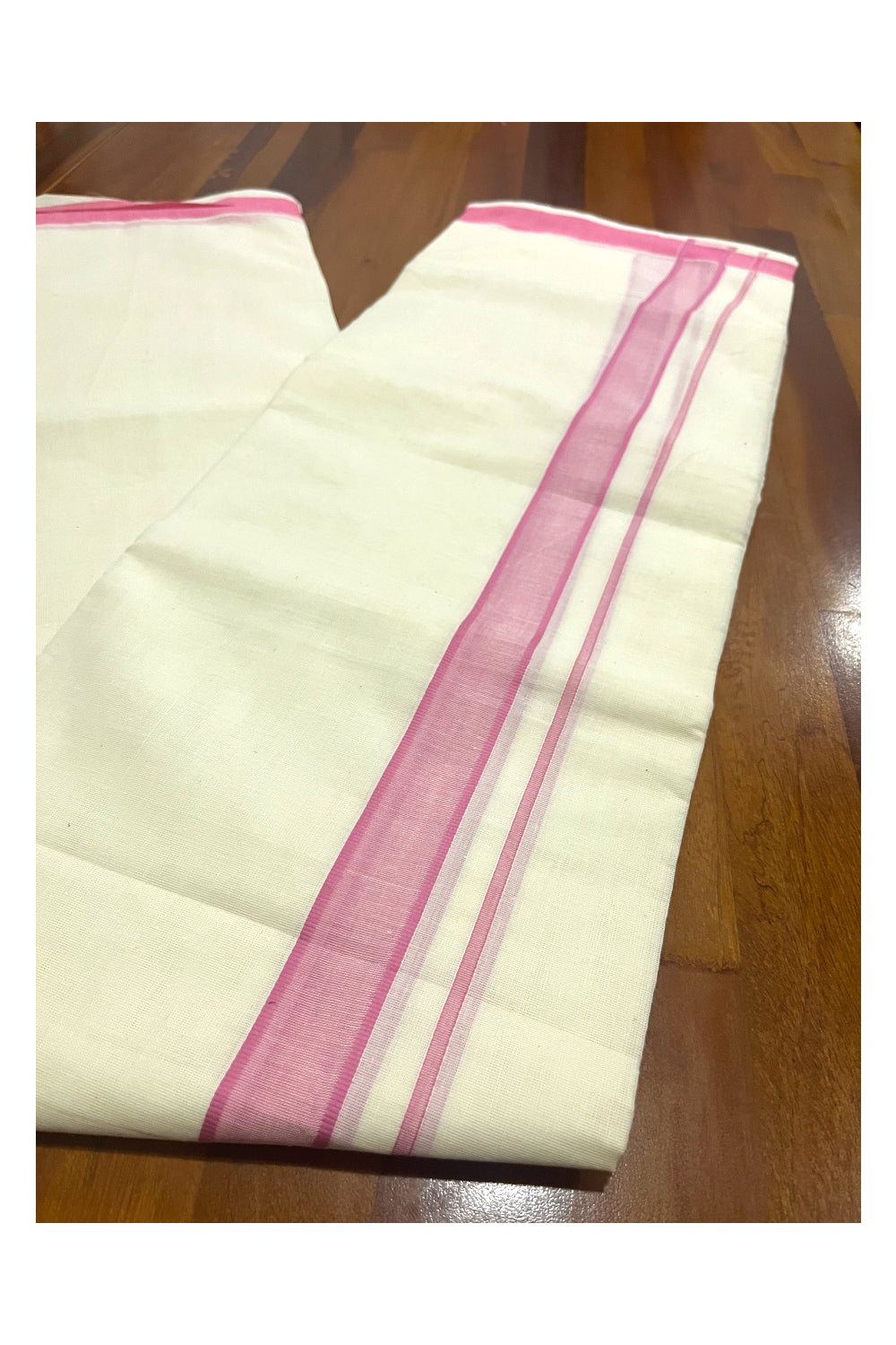 Pure Cotton Off White Double Mundu with Pink Border (South Indian Dhoti)