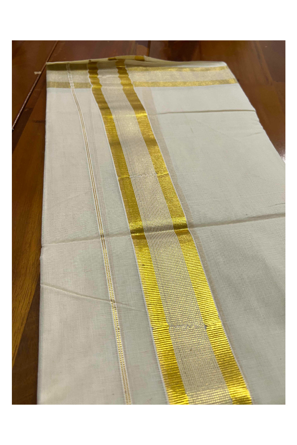 Off White Pure Cotton Double Mundu with Kasavu Lines Border (South Indian Dhoti)