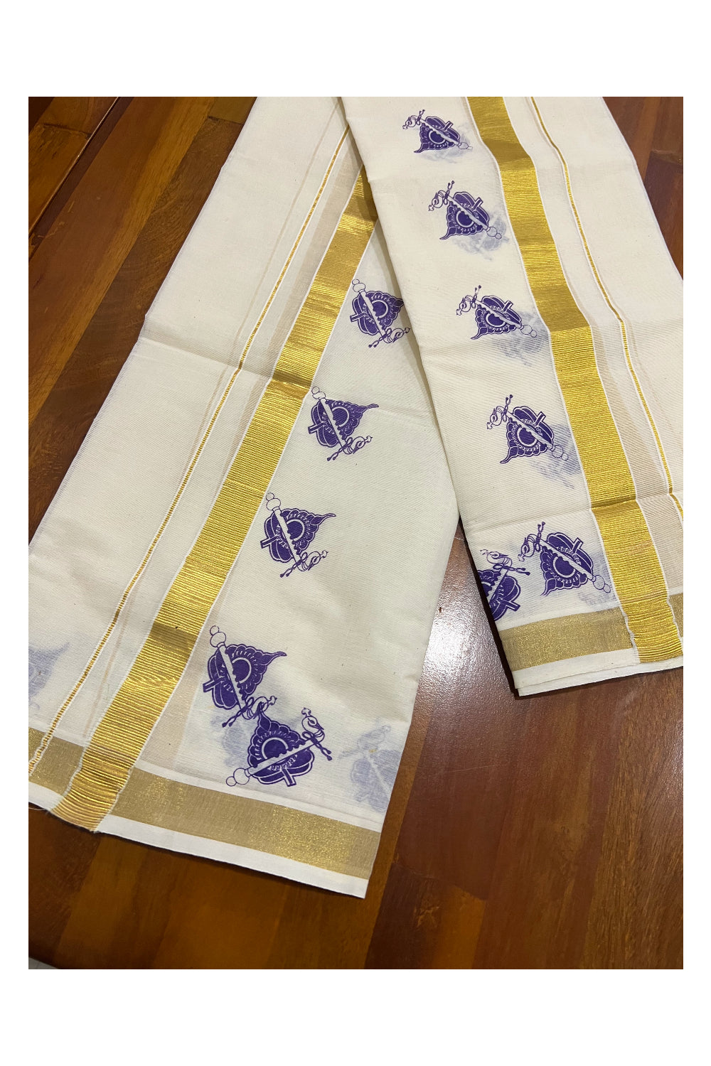 Kerala Cotton Kasavu Set Mundu (Mundum Neriyathum) with Violet Block Prints