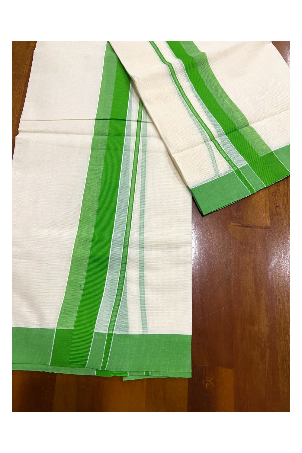 Pure Cotton Kerala Set Mundu (Mundum Neriyathum) with Light Green Border