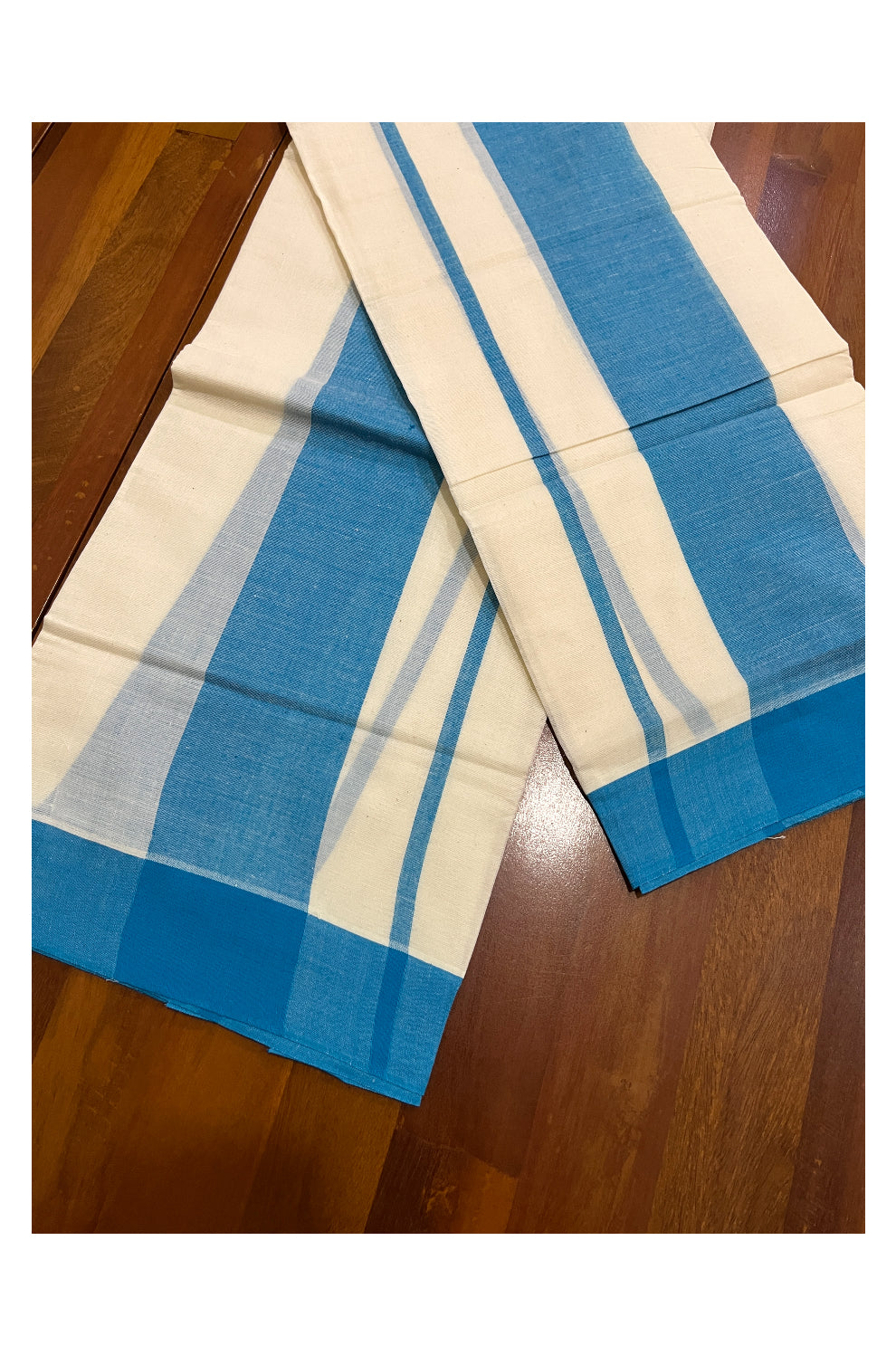 Pure Cotton Single Set Mundu (Mundum Neriyathum Onam 2023) with Blue Border