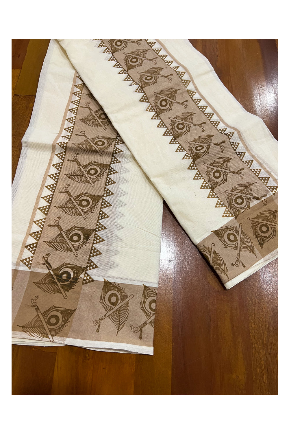 Kerala Cotton Set Mundu (Mundum Neriyathum) with Brown Feather Temple Block Prints on Border