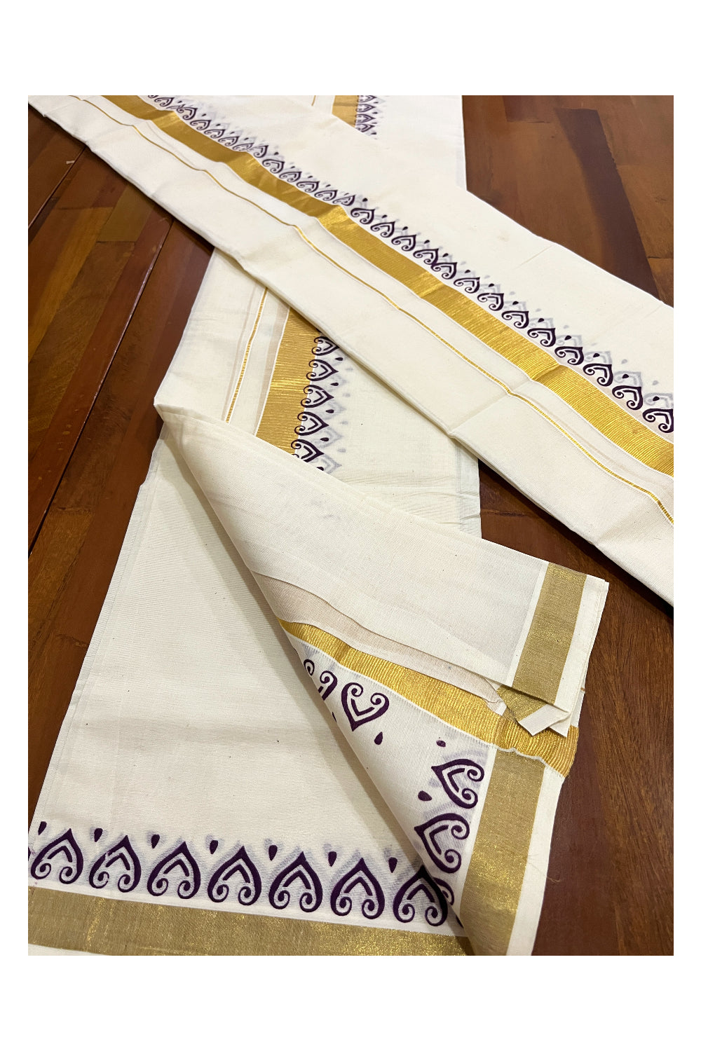 Kerala Cotton Kasavu Mundum Neriyathum Single (Set Mundu) with Purple Block Printed Border 2.80 Mtrs