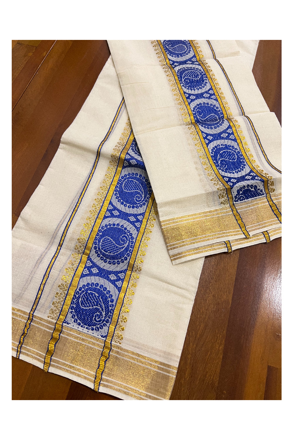 Kerala Cotton Set Mundu (Mundum Neriyathum) with Blue Paisley Woven and Kasavu Border