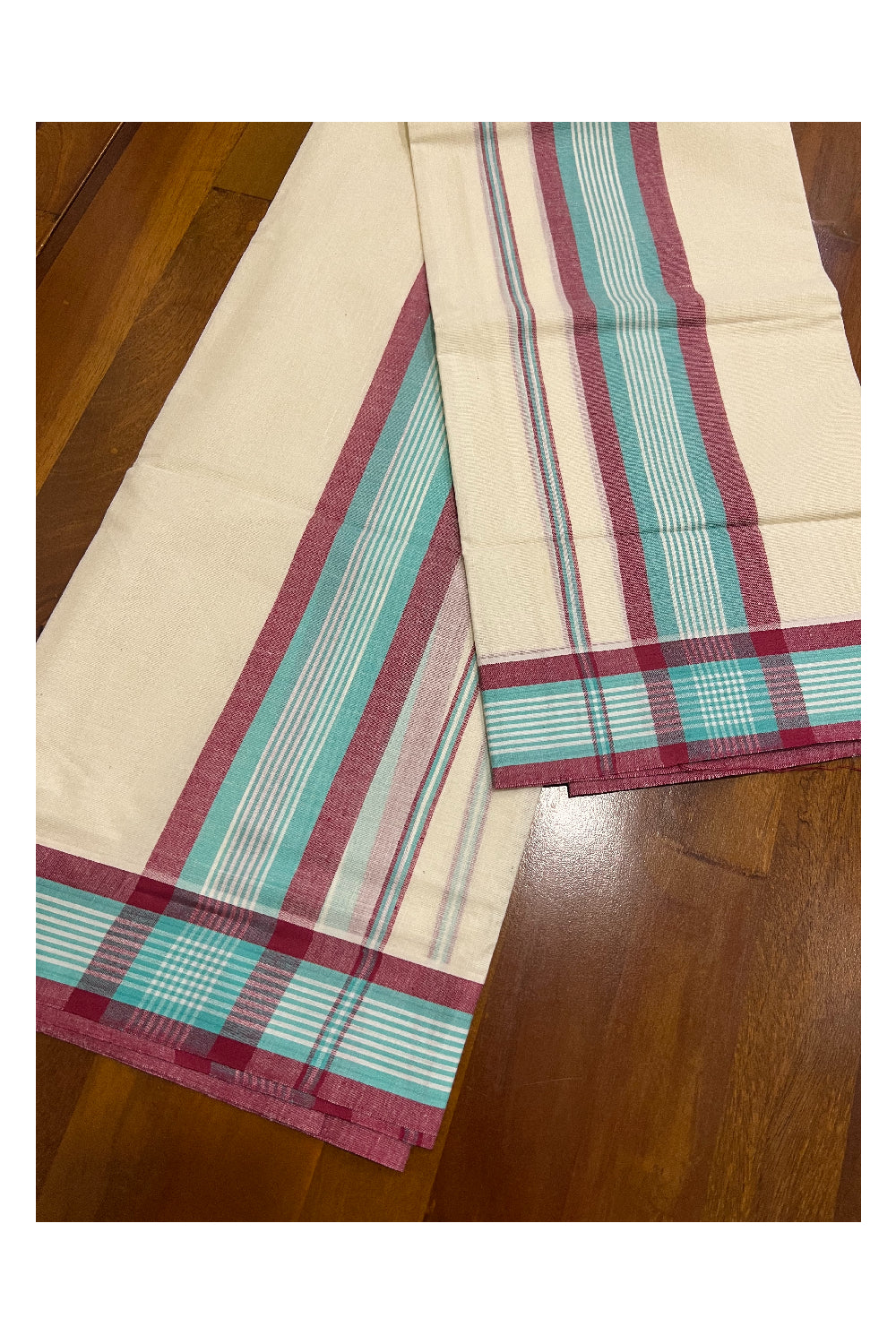 Kerala Cotton Mundum Neriyathum Single (Set Mundu) with Dark Red and Turquoise Mulloth Border (Extra Soft Cotton)