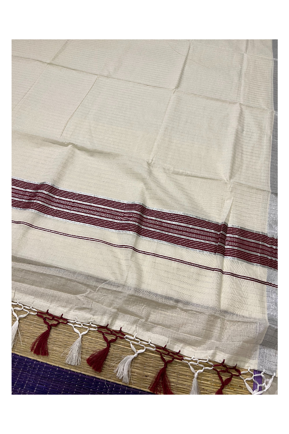 Pure Cotton Kerala Silver Lines Saree with Maroon and Silver Pallu