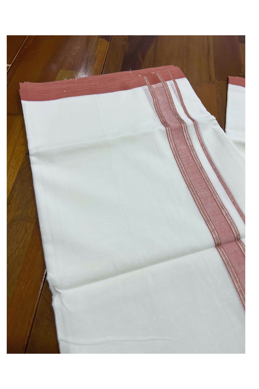 Pure White Cotton Mundu with Brick Red and Silver Kara (South Indian Dhoti)