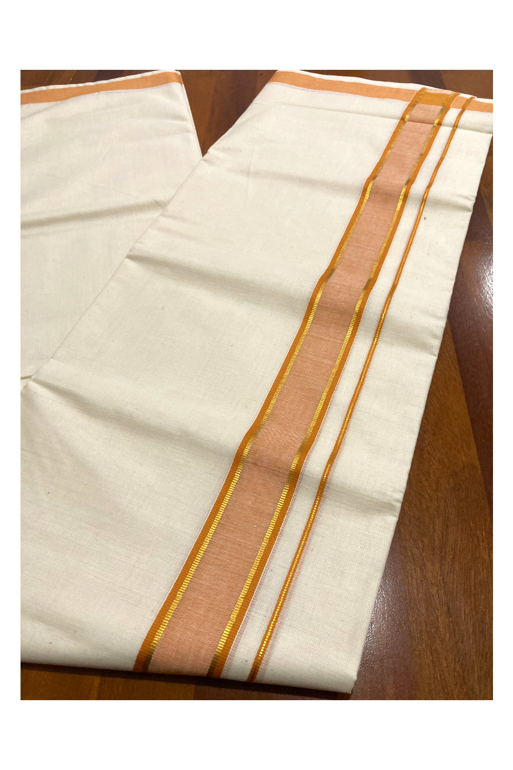 Off White Pure Cotton Double Mundu with Kasavu and Orange Border (South Indian Dhoti)