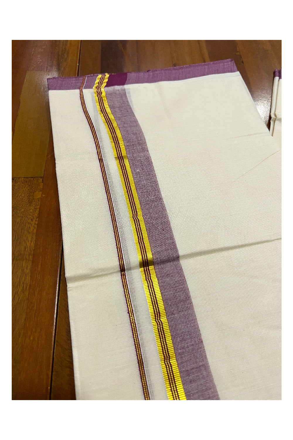 Pure Cotton Off White Double Mundu with Maroon and Kasavu Border (South Indian Dhoti)