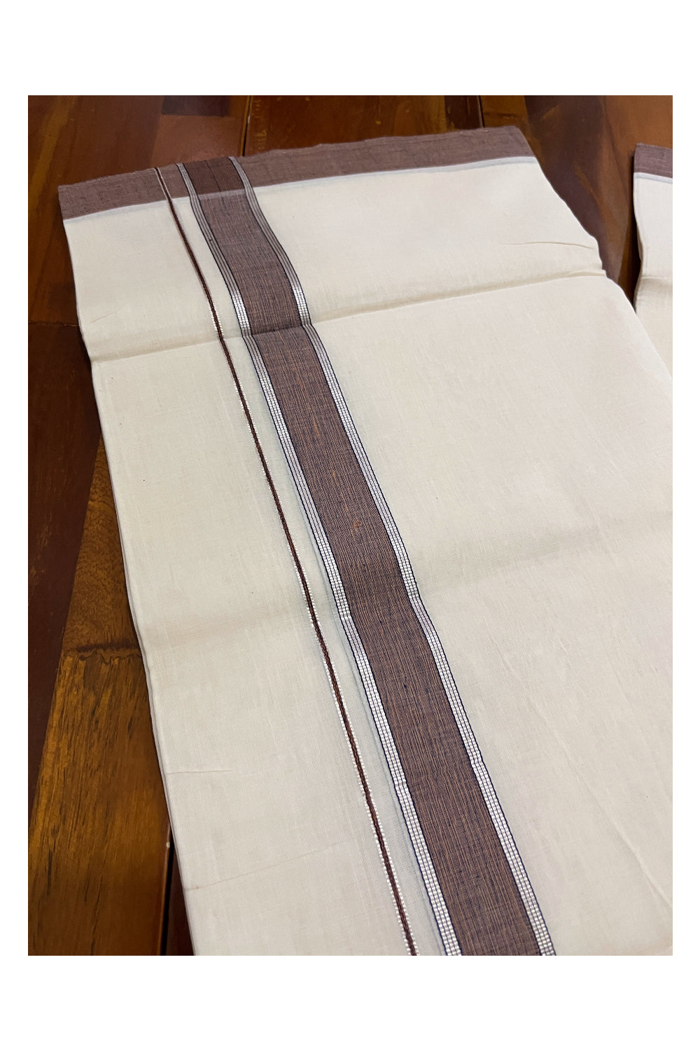 Southloom Premium Unakkupaavu Handloom Mundu with Silver Kasavu and Brown Border (South Indian Dhoti)