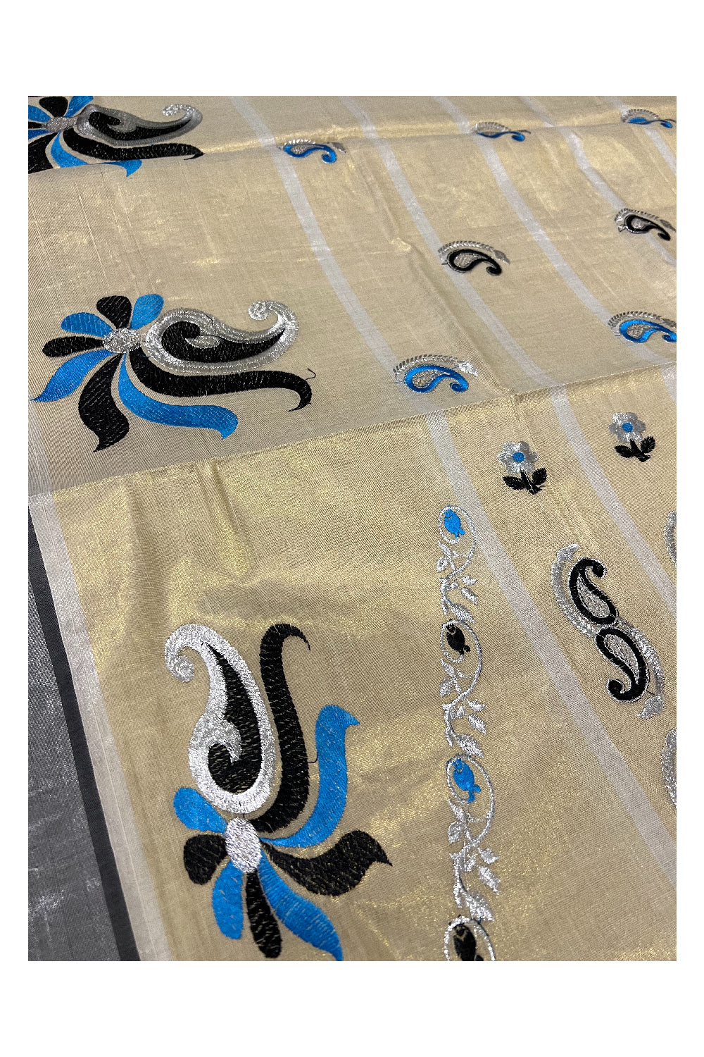 Kerala Silver Tissue Kasavu Saree with Black Blue Thread works