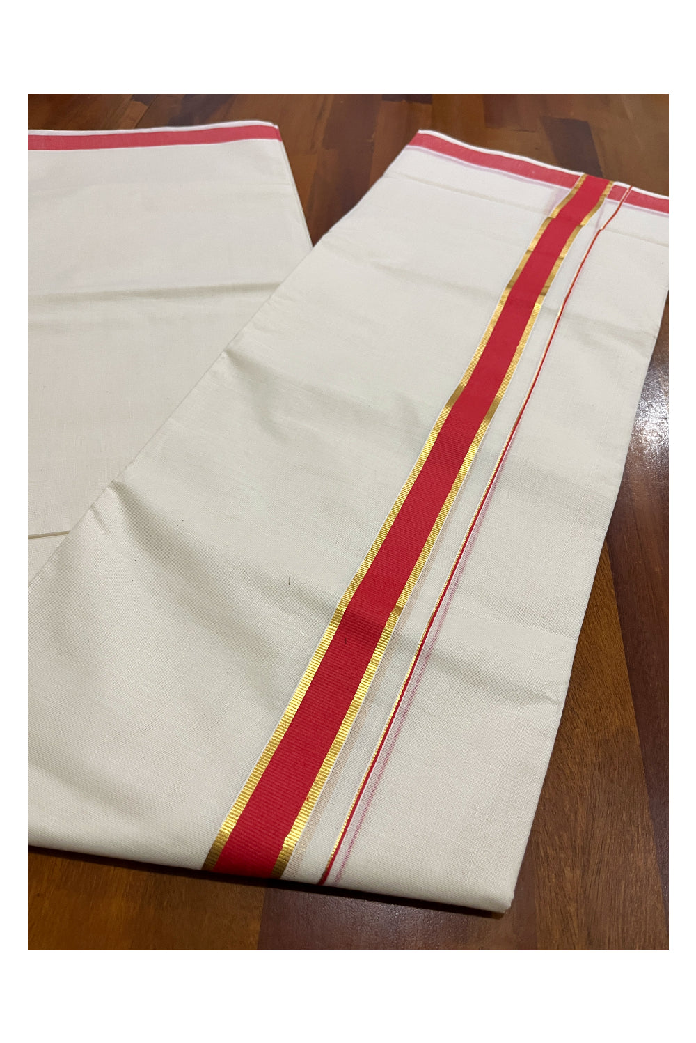 Pure Cotton Double Mundu with Kasavu Red Kara (South Indian Kerala Dhoti)