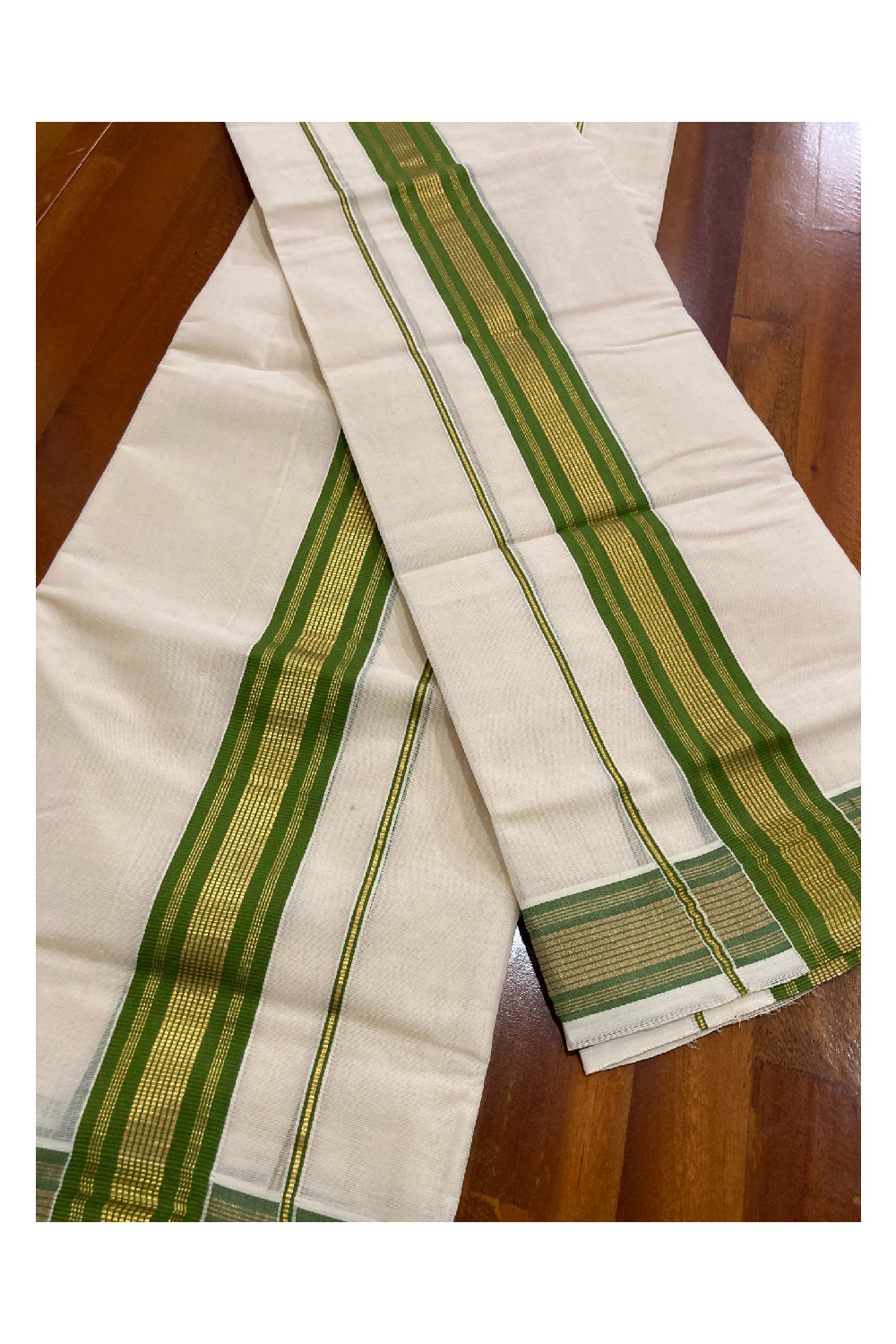 Kerala Cotton Mundum Neriyathum Double (Set Mundu) with Pale Green and Kasavu Border