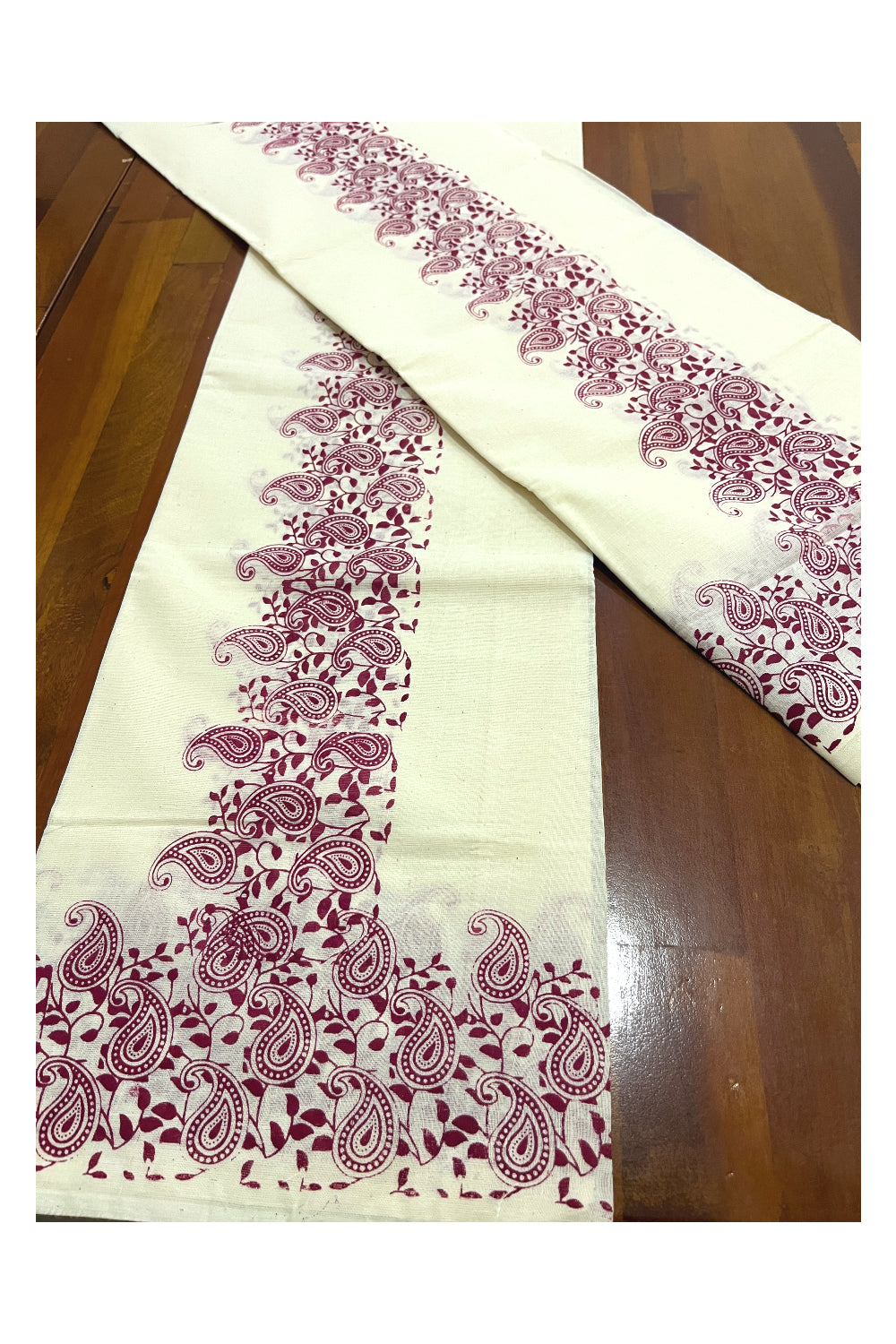 Kerala Cotton Set Mundu (Mundum Neriyathum) with Maroon Paisley Block Printed Border