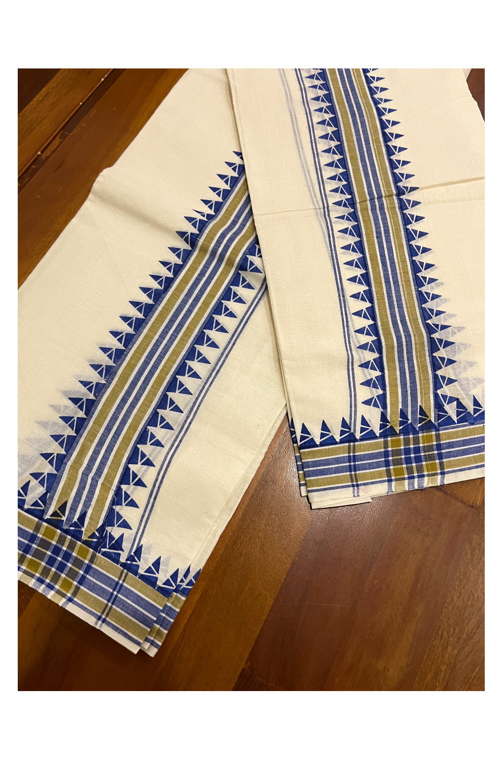 Kerala Cotton Mulloth Mundum Neriyathum Single (Set Mundu) with Blue Temple Block Prints on Border (Extra Soft Cotton)