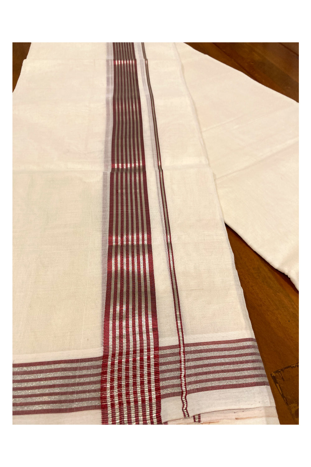 Southloom Premium Handloom Cotton Off White Mundu with Silver and Maroon Kasavu Border (South Indian Dhoti)