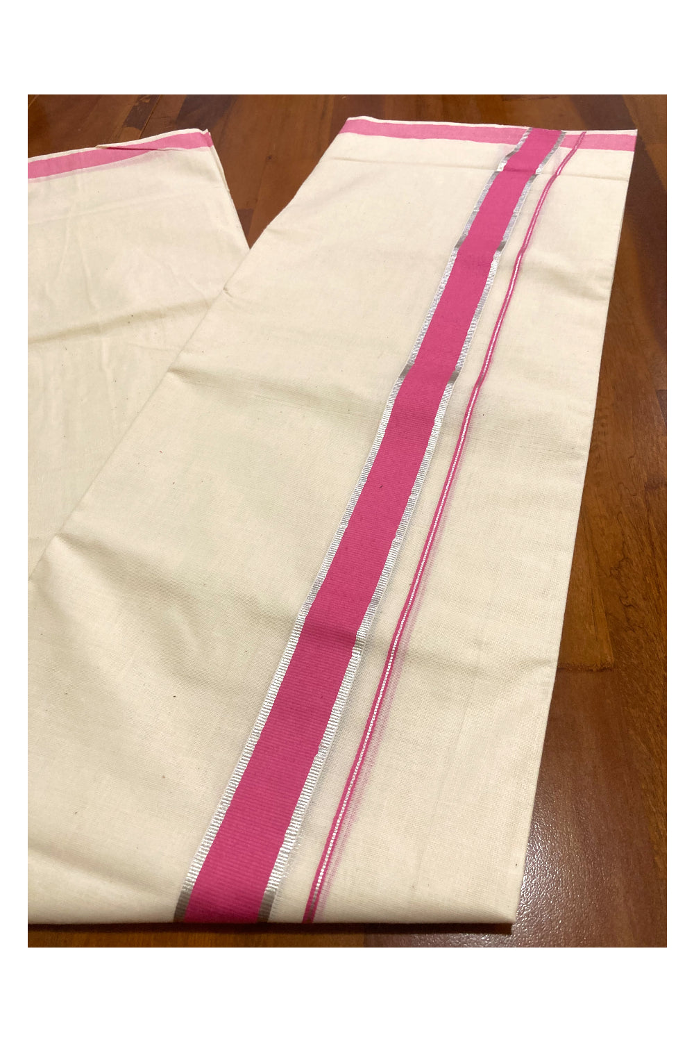 Pure Cotton Double Mundu with Pink and Silver Kasavu Border (South Indian Dhoti)