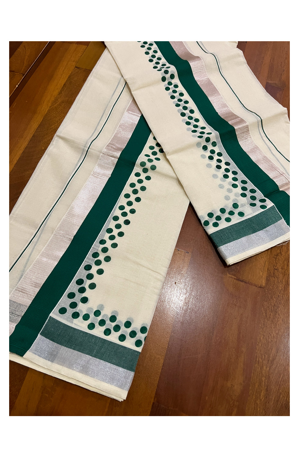 Kerala Cotton Silver Kasavu Set Mundu (Mundum Neriyathum) with Green Polka Prints