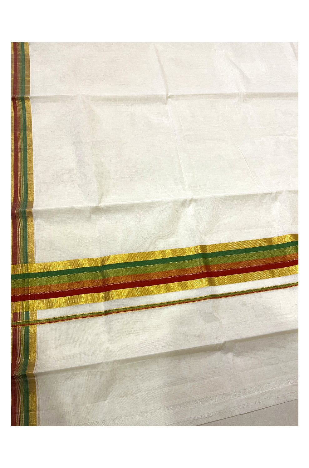 Southloom™ Premium Handloom Cotton Kasavu Saree with Orange and Green Border