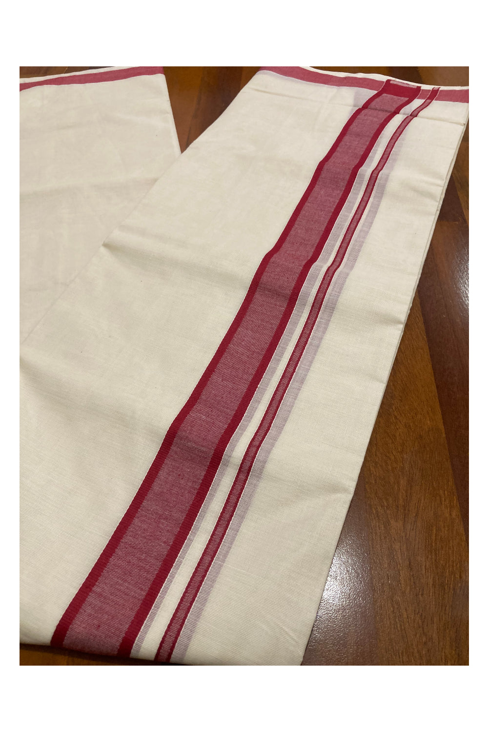 Off White Pure Cotton Double Mundu with Maroon Border (South Indian Kerala Dhoti)